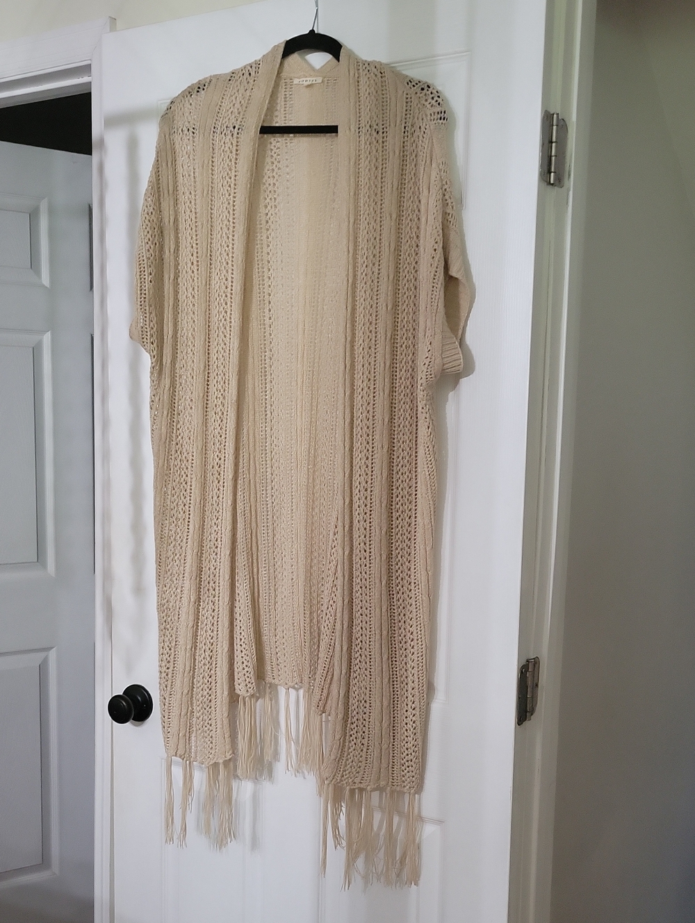 JODIFL Beige Open-Knit Fringe Poncho Cardigan